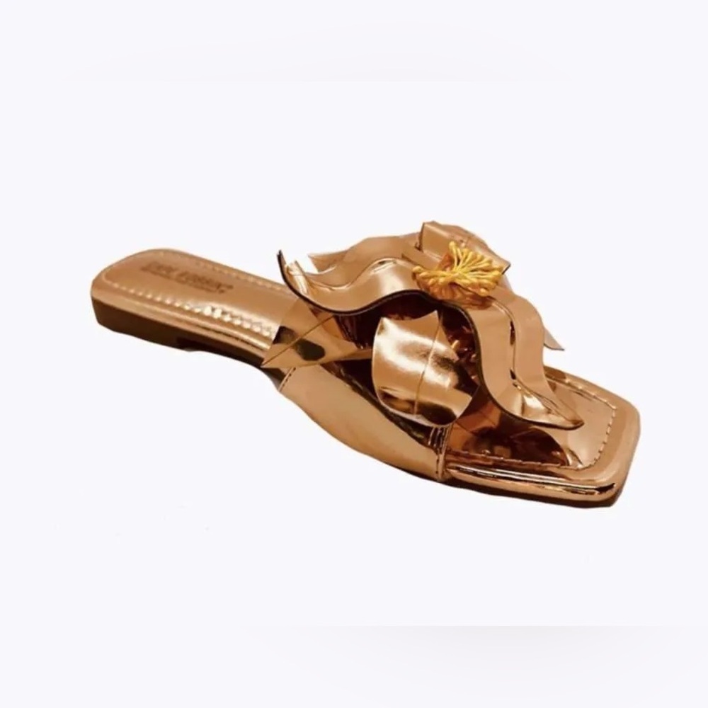 Cape Robbin Gold Slide Sandals with Flower Accent, Size 5.5